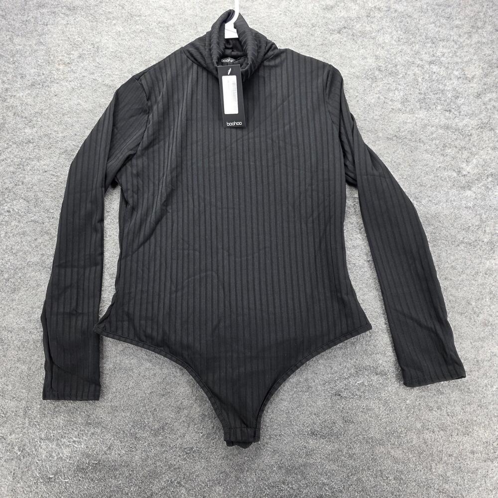 Boohoo Bodysuit Womens 16 Black Ribbed Long Sleeve Turtleneck Stretch Top New